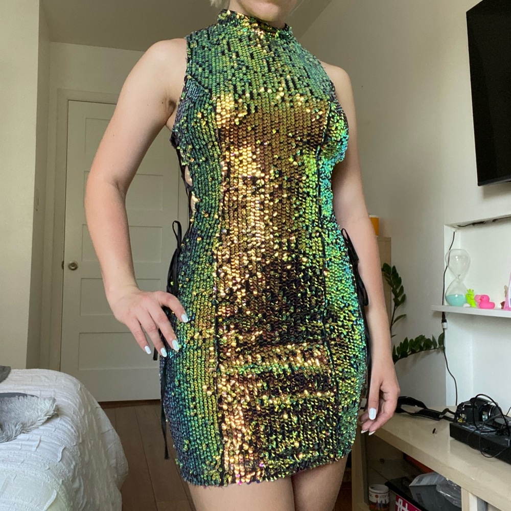 Yellow Green Sequin Mini Dress Akira SMALL